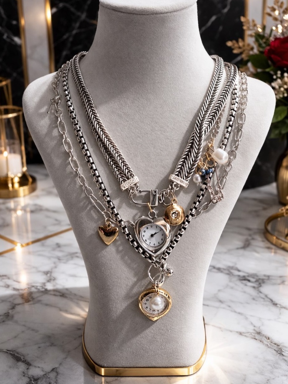 Zara Stainless Steel Sterling Silver Plated Multi Layer Clock Charm Necklace
